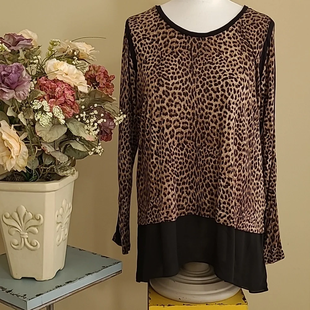 NEW Michael Kors Tunic Top RARE Sheer Black Peplum  Animal Print  Long Sleeve 1X